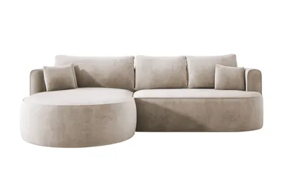 A modern sectional sofa with a rounded chaise lounge.
