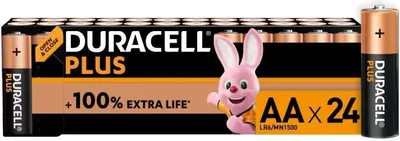 A package of Duracell Plus AA batteries with a cartoon bunny mascot.