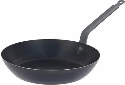 A black frying pan with a long handle, shown against a white background.