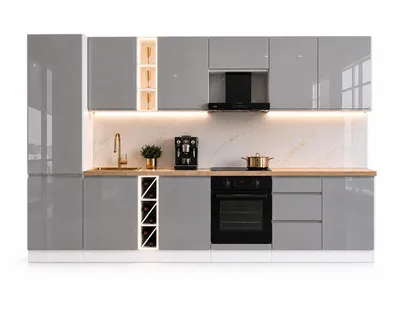 Produktbild von Küchenzeile 380 cm Küchenblock Einbauküche ohne Arbeitsplatte, LETANO Luki 4 Grau Hochglanz mit Soft-Close