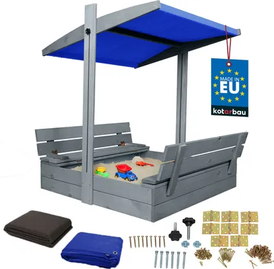 Produktbild von KOTARBAU® Sandkasten mit Abdeckung 100 x 100 cm Großer Grau Holzsandkasten mit Blau Dach Sandkasten mit Deckel Sandkasten mit Dach Gartenspielzeug Kinder imprägniert verschließbar mit Bänken