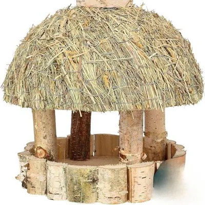 Productafbeelding van Famanu vogelhuis van hout - diameter 28 cm - natuurlijke kleur - traditioneel ontwerp met rieten dak - weerbestendig en geschikt voor buiten