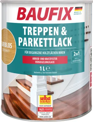 Produktbild von BAUFIX Treppen & Parkettlack farblos seidenmatt, 1 Liter, Holzpflege