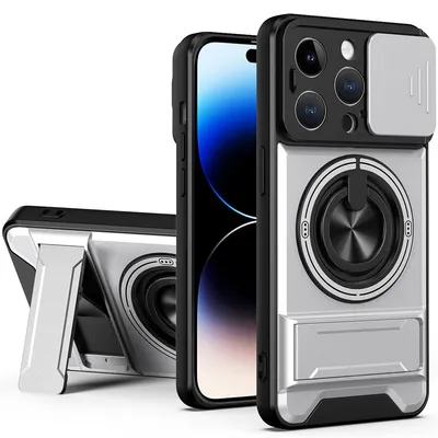 Obrázek produktu pro Magnetické pouzdro pro iPhone 14 Pro Ochranné pouzdro s posuvným krytem fotoaparátu a kroužkovým stojánkem Stříbrná