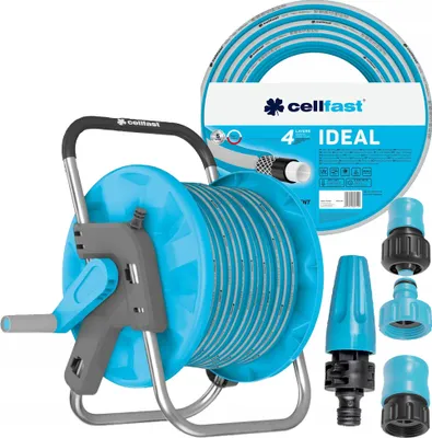 Produktbild von Cellfast Set Gartenschlauch Ideal 1/2" 50m | 3 Anschlüsse + Pistol + wagen | Blau