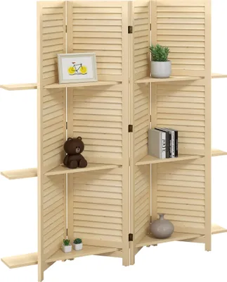 Image de HOMCOM Paravent intérieur en bois 4 panneaux 160 x 170 cm, séparateur de pièce pliable avec 3 étagères, cloison de séparation pour salon, chambre à coucher, maison, naturel