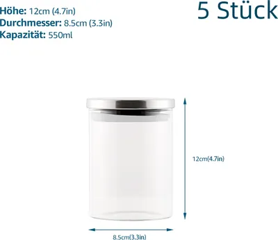 Produktbild von 5er Set Vorratsdosen mit Edelstahldeckel, Ø 8,5 cm, 550 ML,Glasbehälter Vorratsgefäß Aufbewahrungsglas, Vorratsgläser Glas Lebensmittelglas
