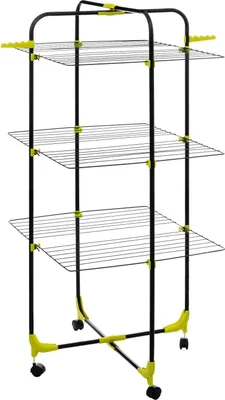 A three-tiered drying rack with wheels.