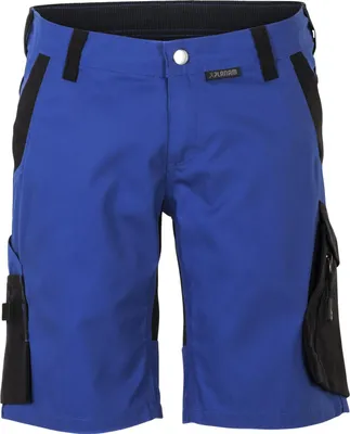 A pair of blue work shorts with black accents, shown flat against a white background.
