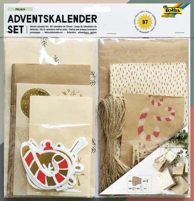 The image shows the packaging of a DIY advent calendar set, with various components visible inside.