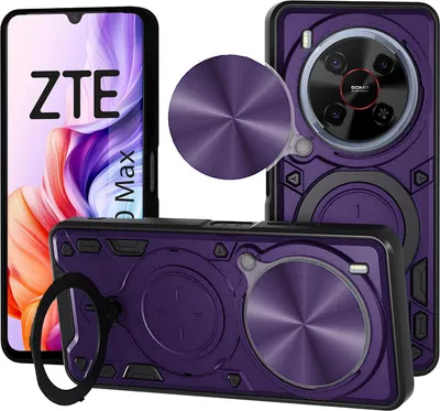 A collage of a purple phone case for a ZTE Blade V70 Max, showing different angles and a close-up of the camera cover and ring holder.