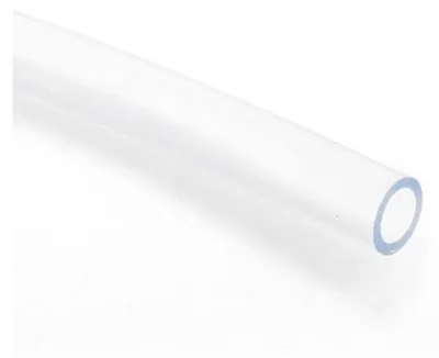 A close-up, angled shot of a clear, flexible tube against a white background.