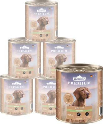 Produktbild von Dehner Premium Hundefutter Sensitive, Nassfutter zuckerfrei / getreidefrei, für ausgewachsene ernährugssensible Hunde, Huhn / Kartoffel, 6 x 800 g Dose (4.8 kg)