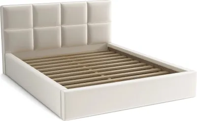 A cream-colored upholstered bed frame with a slatted base, shown from a three-quarter angle against a white background.