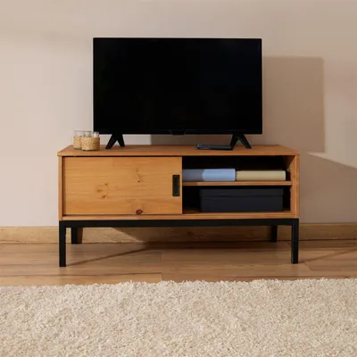 Produktbild von Lowboard TV Möbel SELMA, Fernsehtisch Fernsehschrank im industrial Design mit 1 Schiebetür 1 offenes Fach, Kiefer massiv, gebeizt gewachst