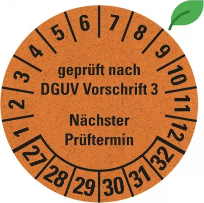 Produktbild von Dreifke® Prüfplakette gepr.n.DGUV Vorschrift 3,NP,27-32,orange,Graspapier,Ø30...