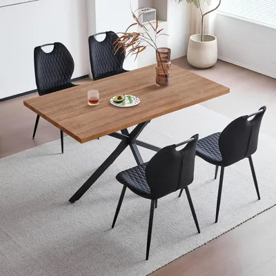 Produktbild von Esszimmer-Set Tisch und 4 Stühle, 140 cm quadratischer Esstisch, Leinenstühle, Dunkle Holzmaserung + Schwarz