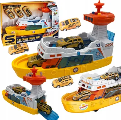 A collage of toy police and coast guard ships with toy cars.