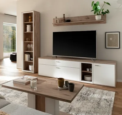 Produktbild von Wohnwand in Eiche und weiß modern mit Couchtisch, 4-teilig - SAGUNTO-05