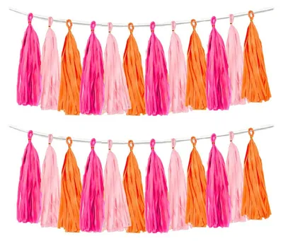 Papierquasten-Girlande, rosa/orange, 15 Stück, 31 cm, DIY-Deko