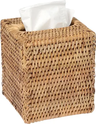 Produktbild von Kosmetiktücherbox / Taschentücherbox gewebt aus Rattan, quadratisch 13x13x15cm, handgefertigt - Tücherbox Spender für Kosmetiktücher u. Taschentücher