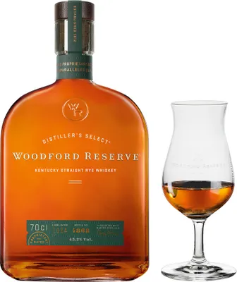 Produktbild von Woodford Reserve Kentucky Straight Rye Whiskey mit RITZENHOFF Nosing Glas | 45,2 % vol | 0,7 l