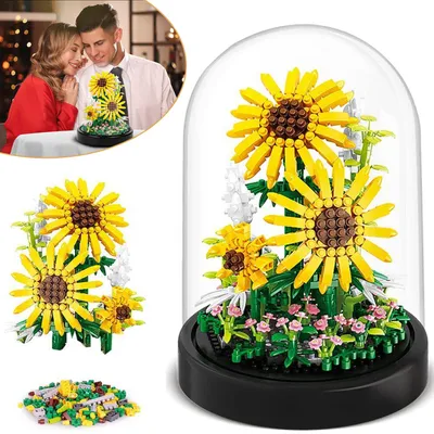 Produktbild von Bausatz Blume Aus Bausteinen Mit Glasglocke, Kreatives Dekorations‑Set, Sonnenblumen‑Modell Für Heim‑ Und Bürodekoration