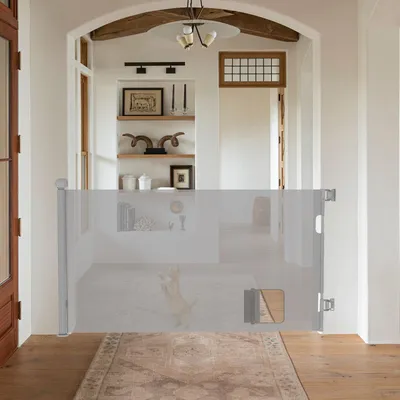 Image de Barrière de sécurité pour porte Rollo 0-150 cm avec trou pour chat pour bébés et animaux domestiques Gris