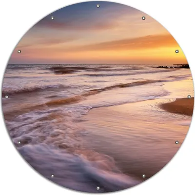 Produktbild von Wallario rundes Outdoor-Poster für Garten oder Balkon, Motiv Sonnenuntergang am Strand - Abendspaziergang, 120 cm Durchmesser