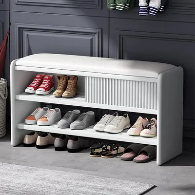 Immagine prodotto di Panca porta scarpe moderna in legno, con cuscini in pelle e seduta imbottita, ideale per l'ingresso o il corridoio