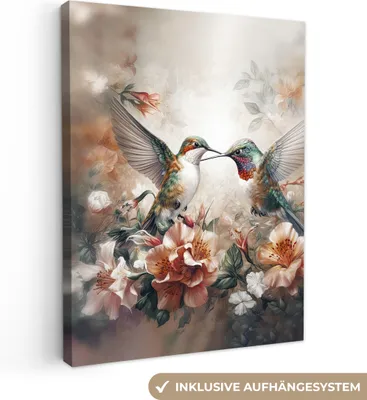 Produktbild von MuchoWow® - Leinwandbilder - Kolibri - Vögel - Blumen - Natur, Wandbild, Wanddeko Bilder Wohnzimmer, 30x40 cm