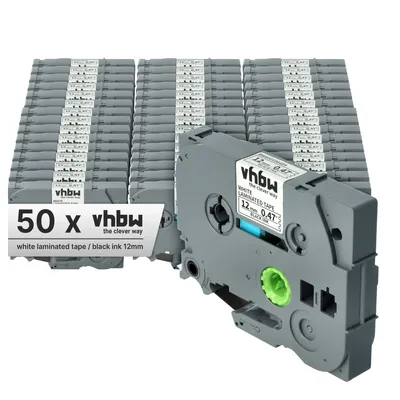 Produktbild von vhbw 50x Schriftband-Kassette kompatibel mit Brother PT E300VP, GL-100, H100, H100LB, H100L, H100R, H100P Etiketten-Drucker 8m x 12mm Schwarz auf Weiß