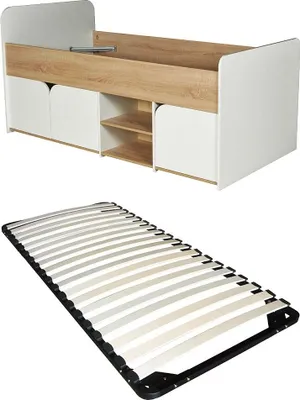 Produktbild von Bett 90 x 190 cm mit Stauraum - Farbe: Natur und weiß + Lattenrost - LOSTYA