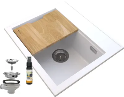 Produktbild von Granitan | Granitspüle FOXAL - Weiß - mit Chrom-Siphon - Hochwertig und Funktional