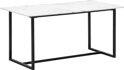 Esszimmertisch 160x80 mit weißer Marmoroptik-Platte und schwarzem Metallgestell in Gesamtansicht.