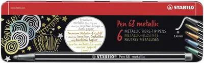 Immagine prodotto di Pennarello metallizzato premium - STABILO Pen 68 metallic - confezione da 6 pezzi in metallo - 2x argento, 1x oro, rame, blu metallizzato, verde metallizzato