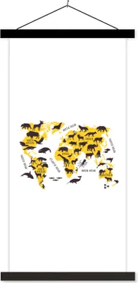Produktbild von MuchoWow® Textilposter Weltkarte - Tiere - Gelb 40x80 cm mit schwarzem Rahmen - Wandemalerei