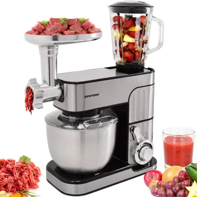 A multi-functional kitchen appliance with attachments for grinding meat and blending fruits, shown with ingredients and a finished smoothie.