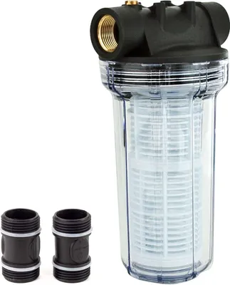Produktbild von Grafner Vorfilter für Hauswasserwerke und Gartenpumpen, mit Filtereinsatz, lange Ausführung, 1“ IG und 2x 1“ AG Adapter, 5,5 bar, 6000 l/h, Filter Pumpe