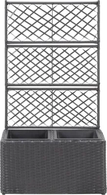 A black poly rattan raised garden bed with a trellis.