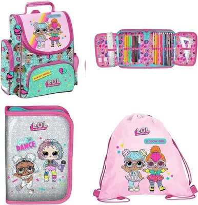 Produktbild von SCOOLSTAR LOL Schulranzen Set mit 3 Teilen, leichten Rucksack, einen Tornister für Mädchen, Federmäppchen, Handtasche, Fassungsvermögen von 22 Liter