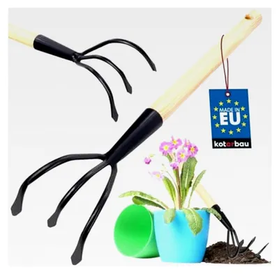 Produktbild von Grubber mit 3 Zinken, Gartenkralle mit Holzgriff, 41 cm, Handkultivator, Handgrubber, Kleingrubber, Gartenzubehör, Blumenharke, Gartenwerkzeug, Schwarz