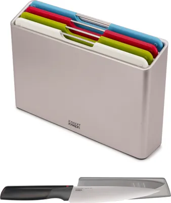 Produktbild von Joseph Joseph Folio™ Schneidebrett-Set mit Aufbewahrungsständer und EM Elevate™-Messer