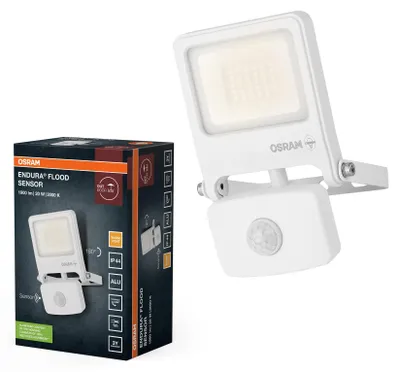 Obrázok produktu pre OSRAM ENDURA FLOOD PC 20W LED reflektor so senzorom, 3000K teplá biela, 1800 lúmenov, IP44 IR detektor, vypínanie denného svetla, biely