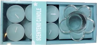 Image de Set de bougies à réchaud bleu : 6 bougies et bougeoir en verre à fleurs