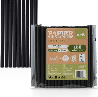 Produktbild von Trinkhalm aus Papier , in Schwarz, Ø 8 mm / 15 cm, 150 Stück in Folienbeutel