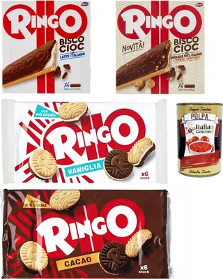 Produktbild von Testpaket Ringo 4 Stück Milch vanille Kakao Haselnuss Bisco Cioc kekse 100% italienischen + Italian gourmet polpa 400g