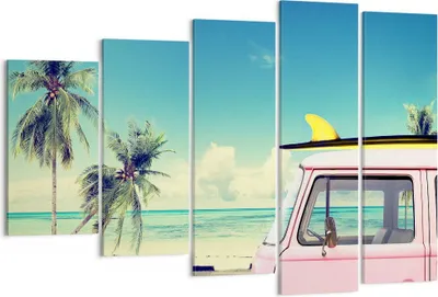 Produktbild von Bild auf Leinwand - Leinwandbild - Auto Surfbrett Strand Ozean - 150x100cm - Wand Bild - Wanddeko - Leinwanddruck - Bilder - Kunstdruck - Wanddekoration - Leinwand bilder - Wandkunst - EG150x100-2835