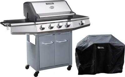 Produktbild von Gasgrill mit LED "Bingo 5" - 5 Brenner davon 1 Seitenbrenner - 15,2 kW + Schutzhülle - Silberfarben