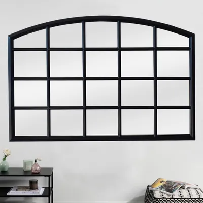 Produktbild von cagü: Romantischer Design Wandspiegel PORTA Schwarz Paulownia-Holz Rundbogen Fensteroptik 120cm x 80cm